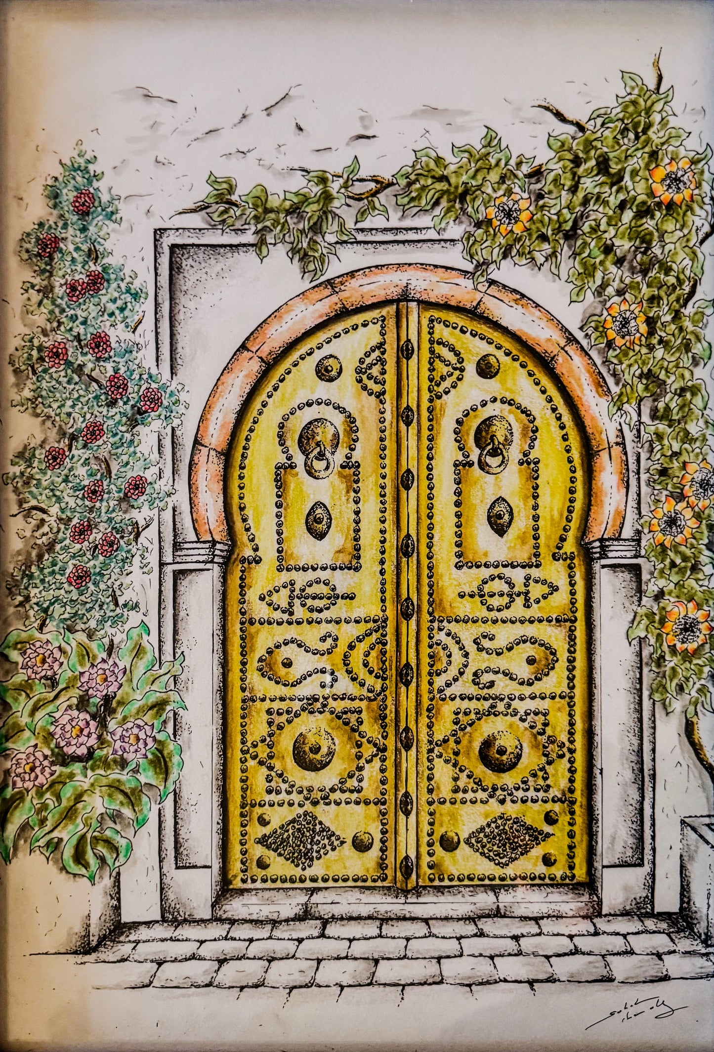 Golden Doorway Original Artwork - Ornate Yellow Arched Entrance with Flowering Vines