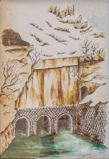 Mountain Waterfall Bridge Original Artwork - Stone Aqueduct with Winter Landscape