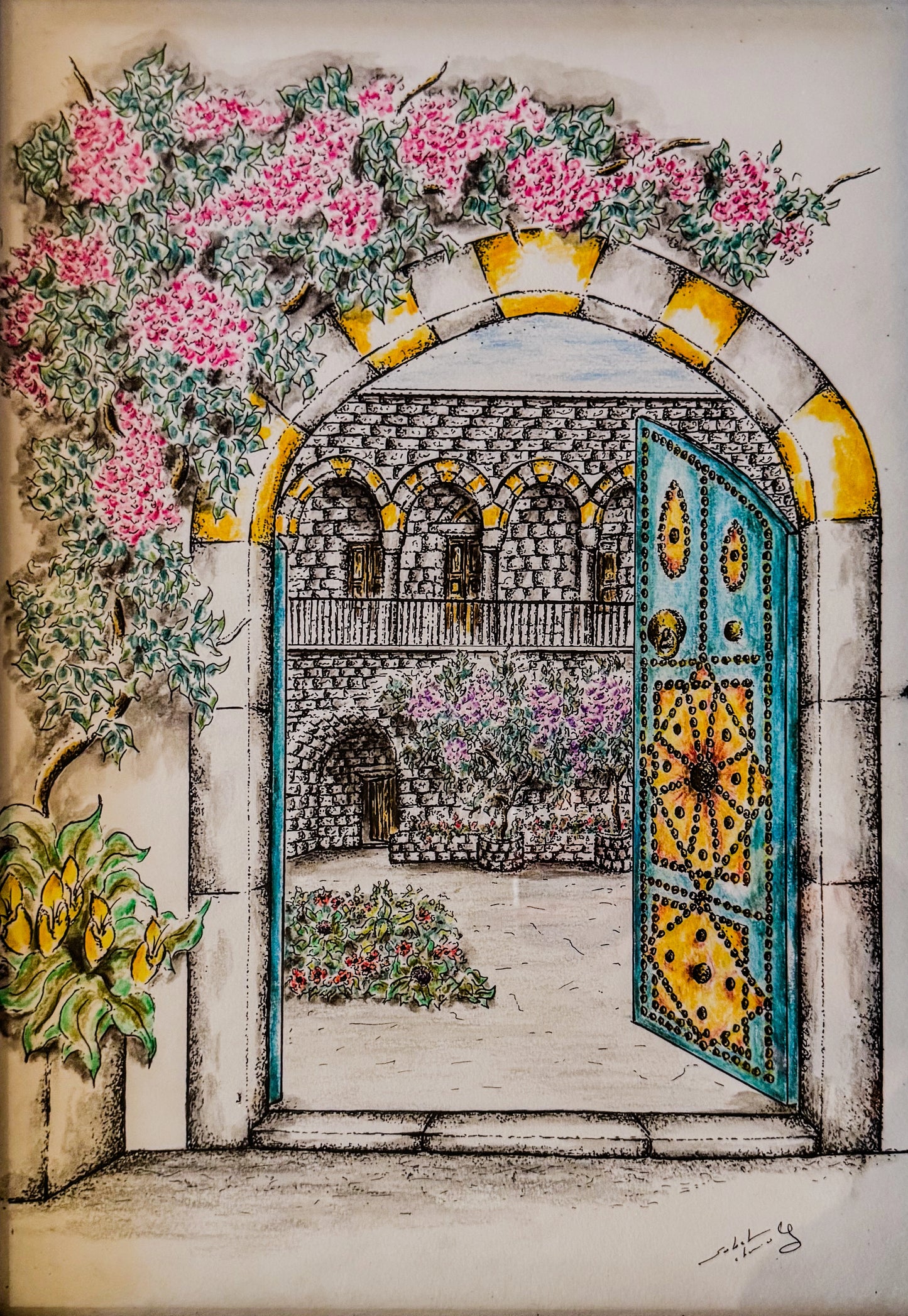 Hand-Drawn Stone Archway & Ornate Door - Framed Architectural Art