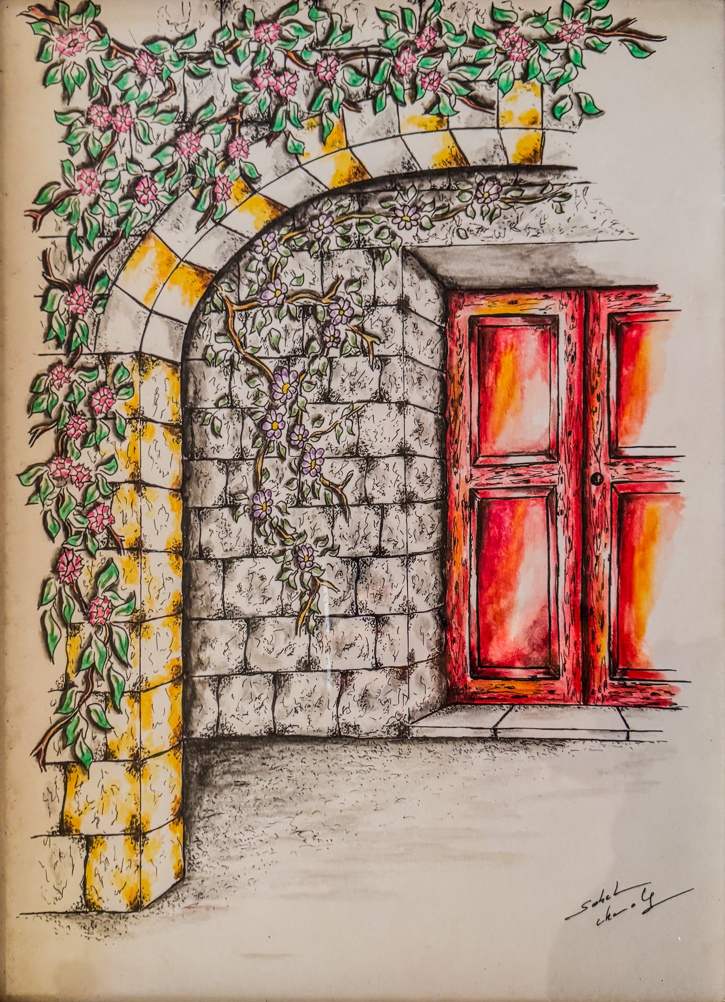 Hand-Drawn Stone Arch & Vibrant Red Door - Framed Architectural Art