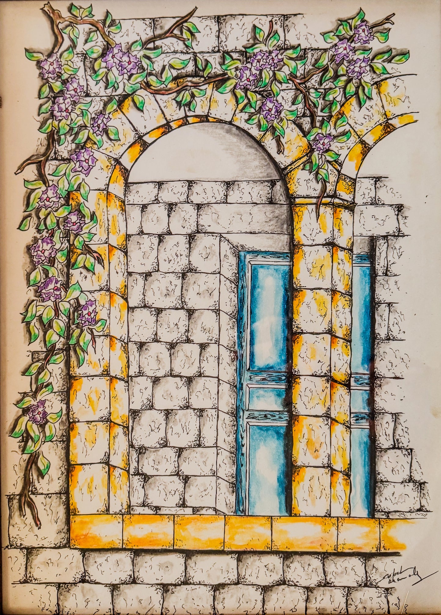 Hand-Drawn Architectural Painting - Lebanese Heritage Arch