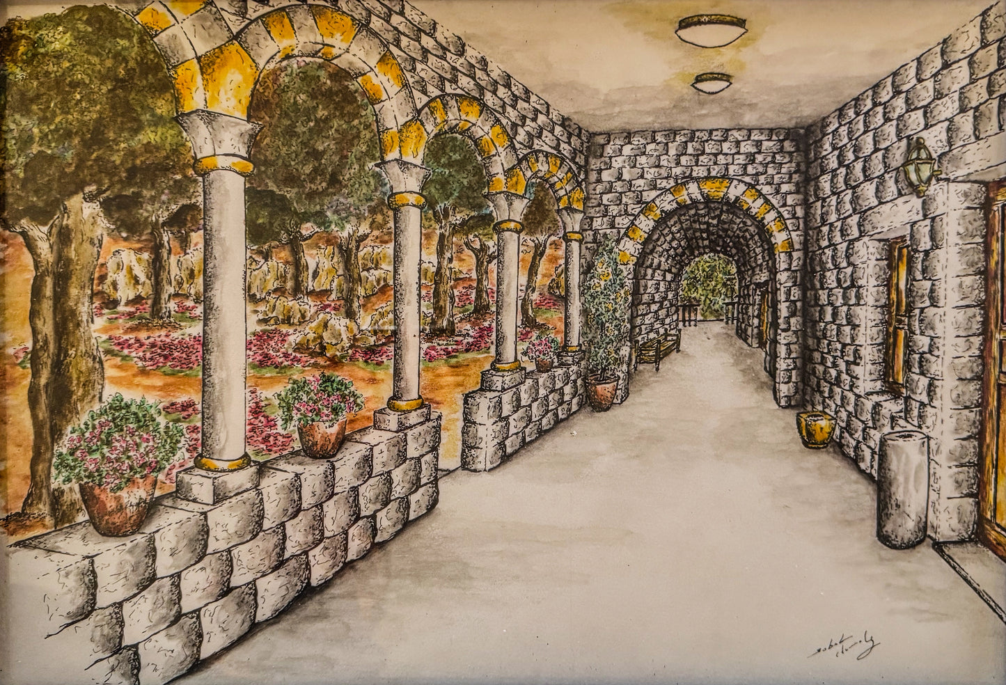 Stone Colonnade Garden Original Artwork - Arched Courtyard Architectural Drawing