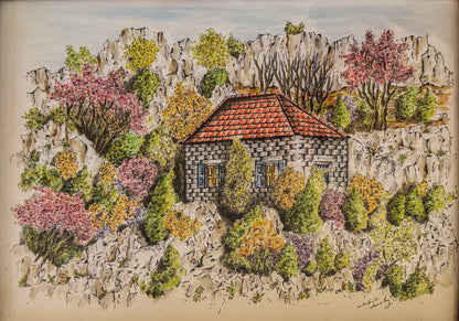 Lebanese Mountain Cottage Original Artwork - Traditional Stone House Among Blossoms