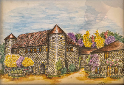 Historic Stone Manor Castle Original Artwork - Medieval Estate With Tower Elements