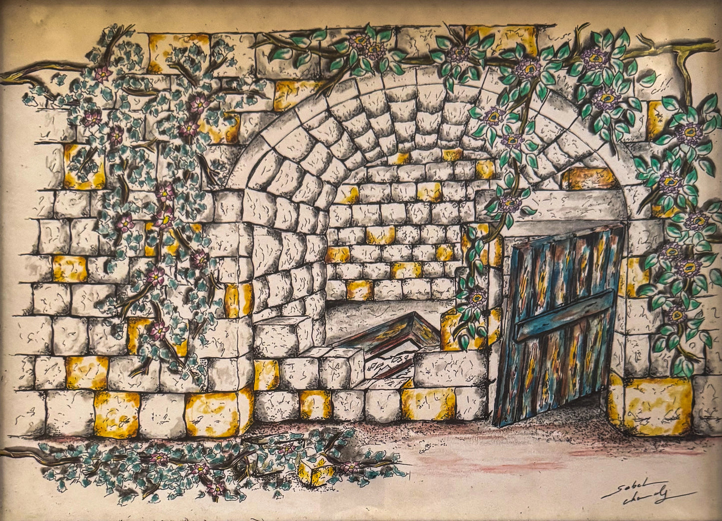 Hand-Drawn Lebanese Stone Archway – Rustic Heritage Art