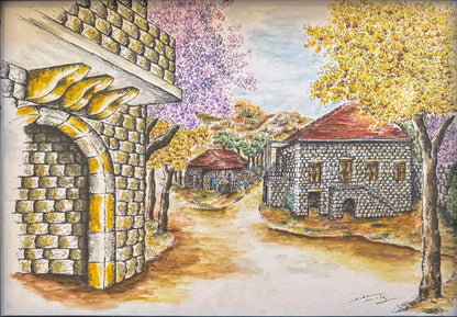 Hand-Drawn Lebanese Village Scene – Traditional Stone Houses & Landscape Art