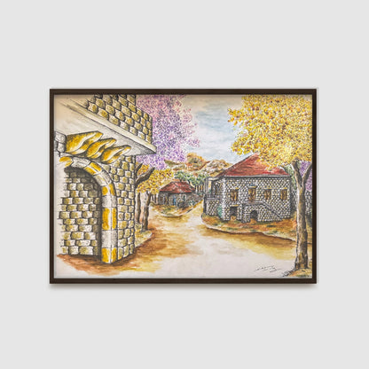 Hand-Drawn Lebanese Village Scene – Traditional Stone Houses & Landscape Art