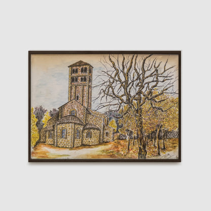 Handcrafted Vintage Stone Building Landscape Painting – Rustic Architecture & Nature Scene