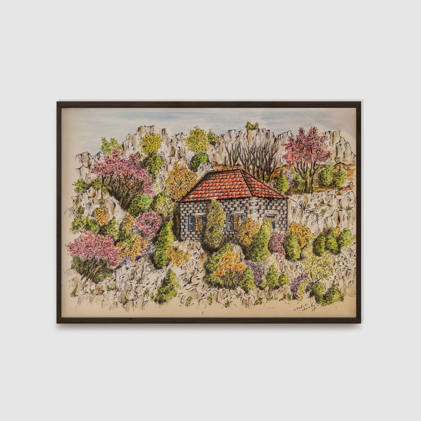 Lebanese Mountain Cottage Original Artwork - Traditional Stone House Among Blossoms