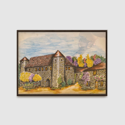 Historic Stone Manor Castle Original Artwork - Medieval Estate With Tower Elements