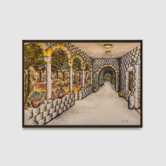 Stone Colonnade Garden Original Artwork - Arched Courtyard Architectural Drawing