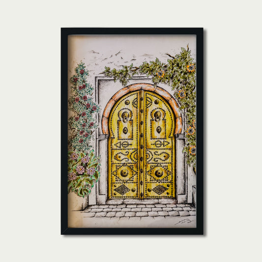 Golden Doorway Original Artwork - Ornate Yellow Arched Entrance with Flowering Vines