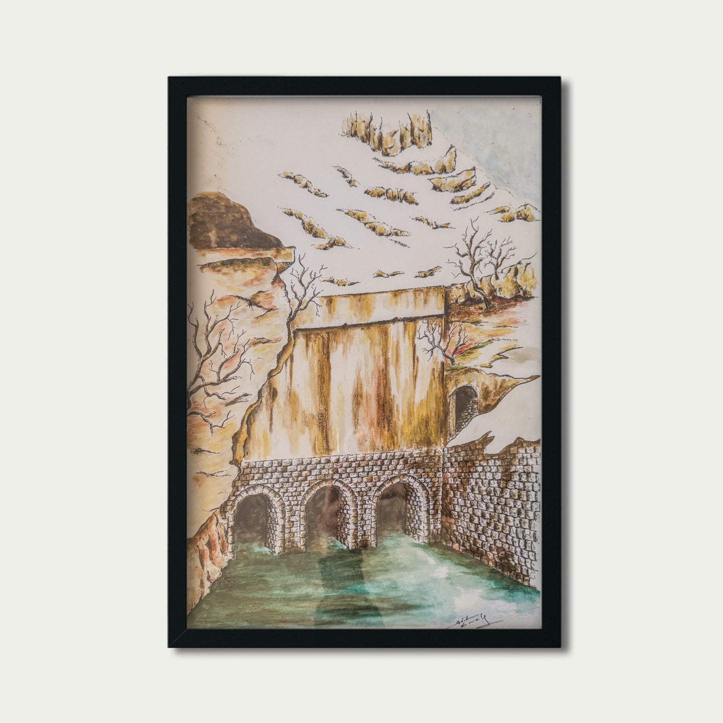 Mountain Waterfall Bridge Original Artwork - Stone Aqueduct with Winter Landscape