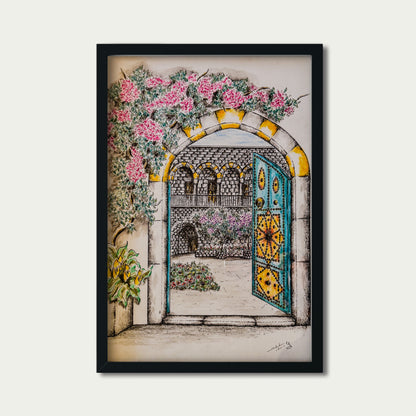 Hand-Drawn Stone Archway & Ornate Door - Framed Architectural Art