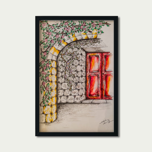 Hand-Drawn Stone Arch & Vibrant Red Door - Framed Architectural Art